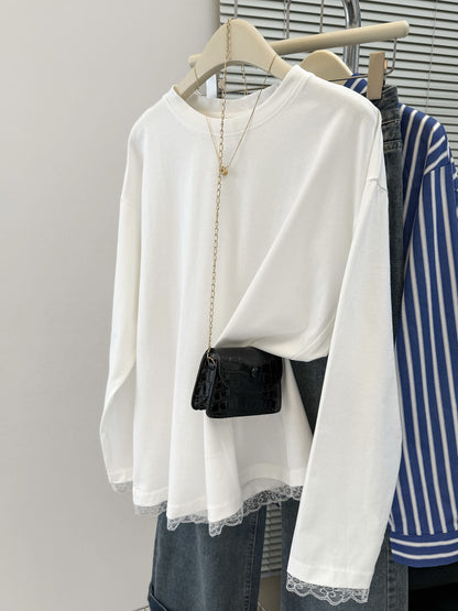 Style Real Shot White Lace Trimmed Long Sleeve T-Shirt Women Early Spring Autumn Loose Korean Style Innerwear Top