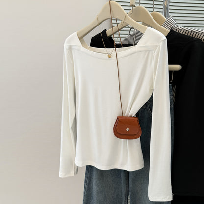 Simple Solid Color  Long Sleeve T-Shirt for Women Spring/Autumn Lightweight Slim Fit V-Neck Collarbone-Showing Basic Top