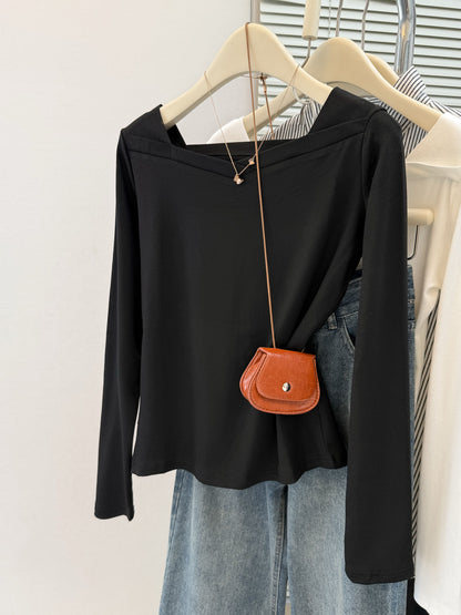 Simple Solid Color  Long Sleeve T-Shirt for Women Spring/Autumn Lightweight Slim Fit V-Neck Collarbone-Showing Basic Top