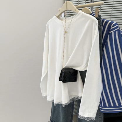 Style Real Shot White Lace Trimmed Long Sleeve T-Shirt Women Early Spring Autumn Loose Korean Style Innerwear Top