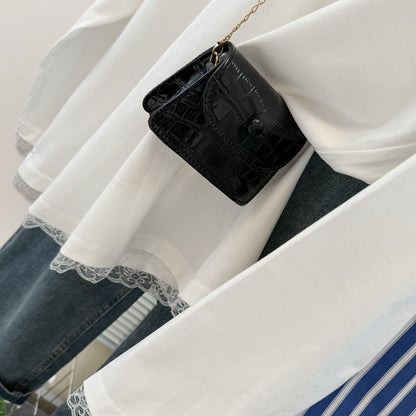 Style Real Shot White Lace Trimmed Long Sleeve T-Shirt Women Early Spring Autumn Loose Korean Style Innerwear Top