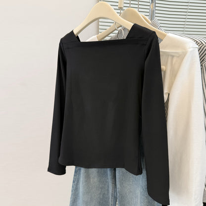 Simple Solid Color  Long Sleeve T-Shirt for Women Spring/Autumn Lightweight Slim Fit V-Neck Collarbone-Showing Basic Top