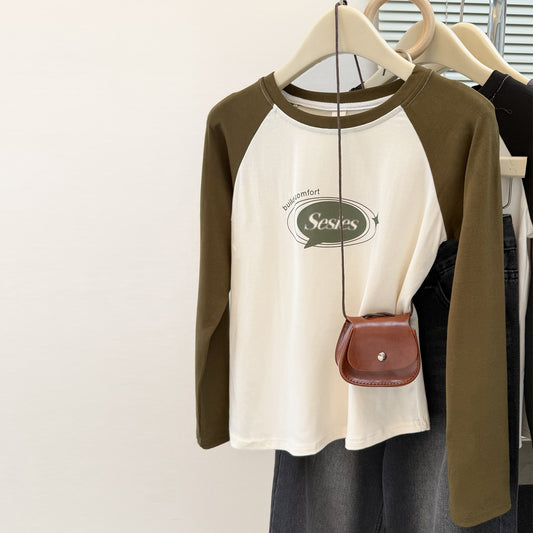 style new color-blocked long sleeve T-shirt for womenearly autumn and spring slim fit short top raglan sleeve