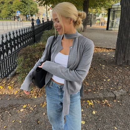 Cardigan button scarf long sleeved sweater solid color base top