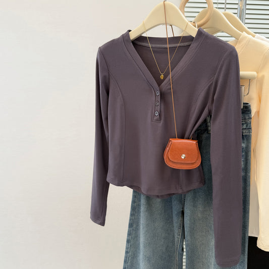 Style Sexy Button V-Neck Solid Color Long Sleeve T-Shirt for Women Basic Inner Top Short Length Shirt