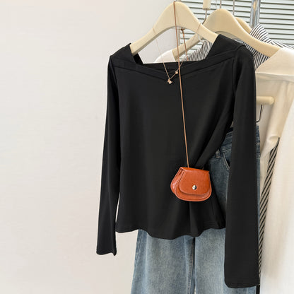 Simple Solid Color  Long Sleeve T-Shirt for Women Spring/Autumn Lightweight Slim Fit V-Neck Collarbone-Showing Basic Top