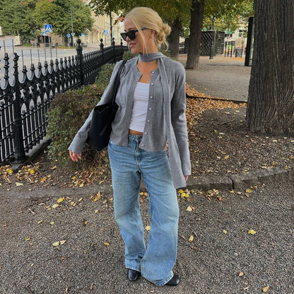 Cardigan button scarf long sleeved sweater solid color base top