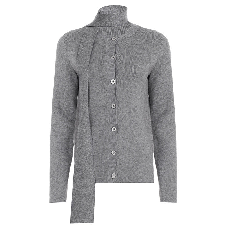 Cardigan button scarf long sleeved sweater solid color base top