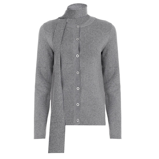 Cardigan button scarf long sleeved sweater solid color base top