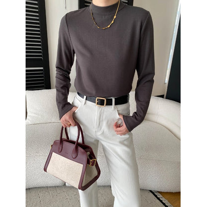 Comfortable and Soft High-Neck Slim-Fit Long Sleeve T-Shirt Basic Top