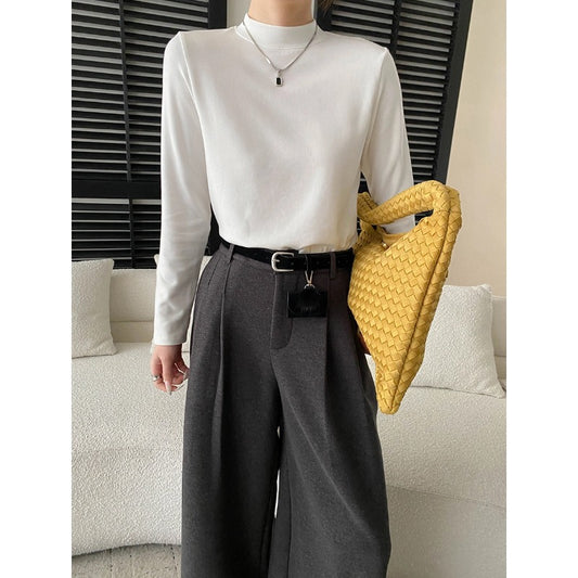 Comfortable and Soft High-Neck Slim-Fit Long Sleeve T-Shirt Basic Top