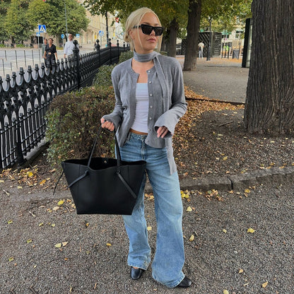 Cardigan button scarf long sleeved sweater solid color base top