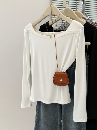 Simple Solid Color  Long Sleeve T-Shirt for Women Spring/Autumn Lightweight Slim Fit V-Neck Collarbone-Showing Basic Top