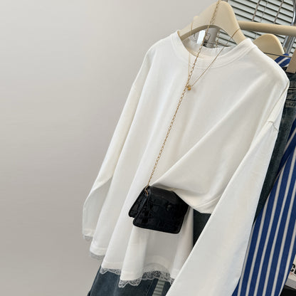 Style Real Shot White Lace Trimmed Long Sleeve T-Shirt Women Early Spring Autumn Loose Korean Style Innerwear Top