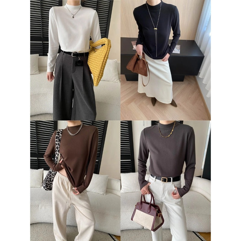 Comfortable and Soft High-Neck Slim-Fit Long Sleeve T-Shirt Basic Top