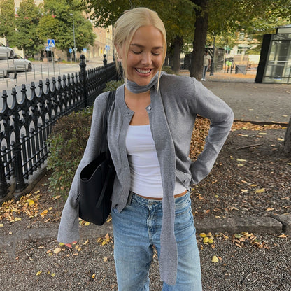 Cardigan button scarf long sleeved sweater solid color base top