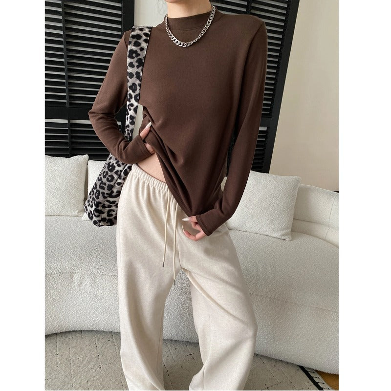 Comfortable and Soft High-Neck Slim-Fit Long Sleeve T-Shirt Basic Top