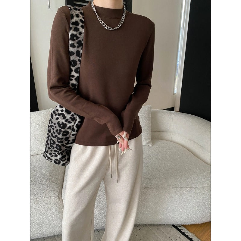 Comfortable and Soft High-Neck Slim-Fit Long Sleeve T-Shirt Basic Top