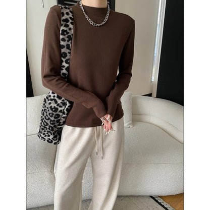 Comfortable and Soft High-Neck Slim-Fit Long Sleeve T-Shirt Basic Top