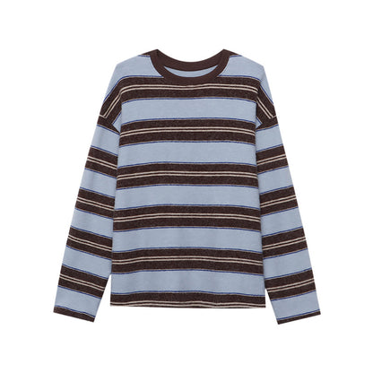 Laid-back Vibe American Color-block Stripe Crewneck Loose Slim Fit Brushed Long Sleeve T-shirt