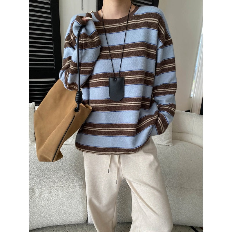 Laid-back Vibe American Color-block Stripe Crewneck Loose Slim Fit Brushed Long Sleeve T-shirt